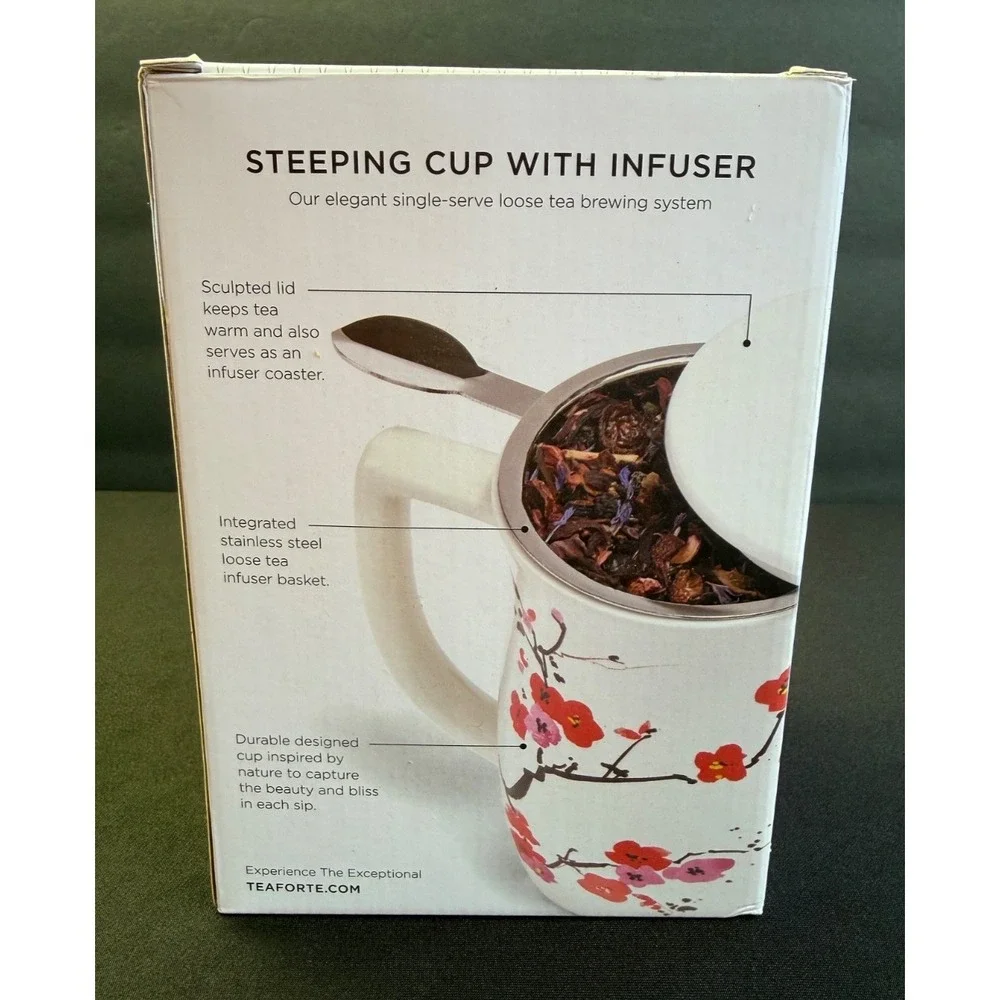 Tea Forte‎ Ceramic Fiore Cup Removeable Stainless Infuser Basket Handle Lid NEW